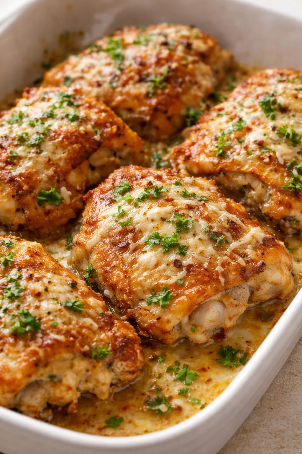 White baking dish with cheese-topped chicken pieces, garnished with parsley.