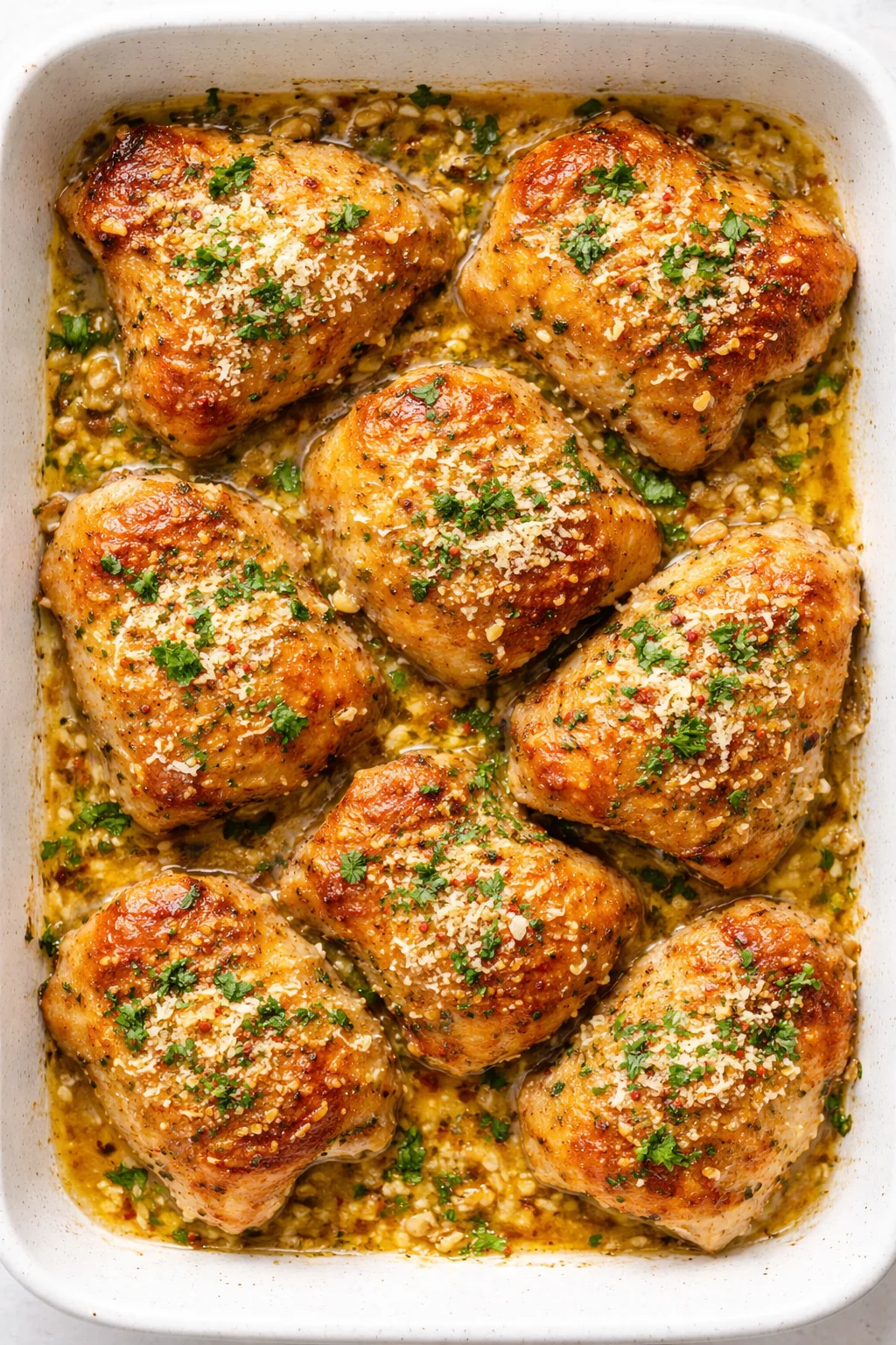 roasted chicken thighs with crispy skin, topped with parmesan and parsley in a savory pan sauce.