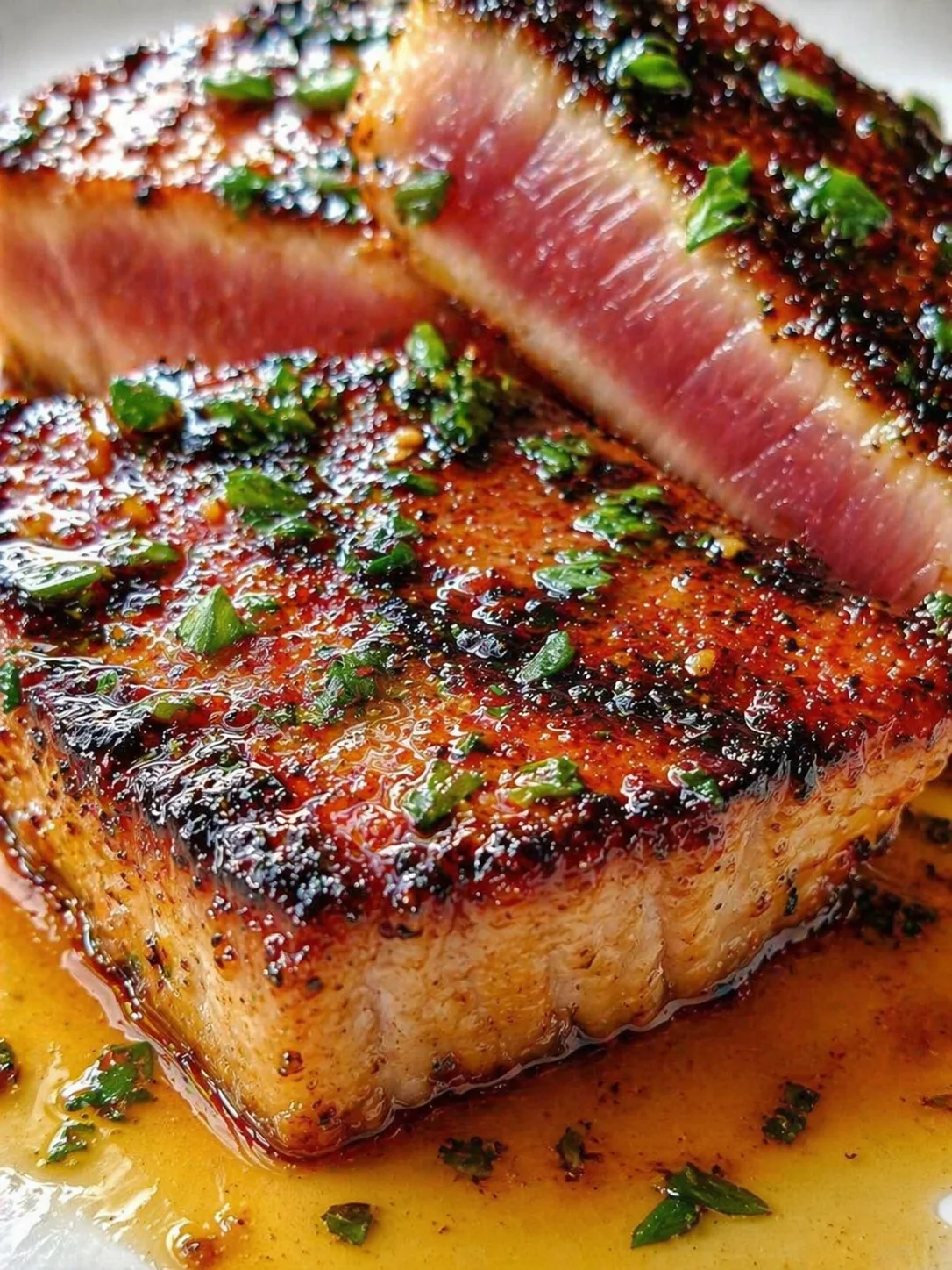 Close-up of thick pork belly slice with a crispy caramelized crust, pink interior, and chopped herbs