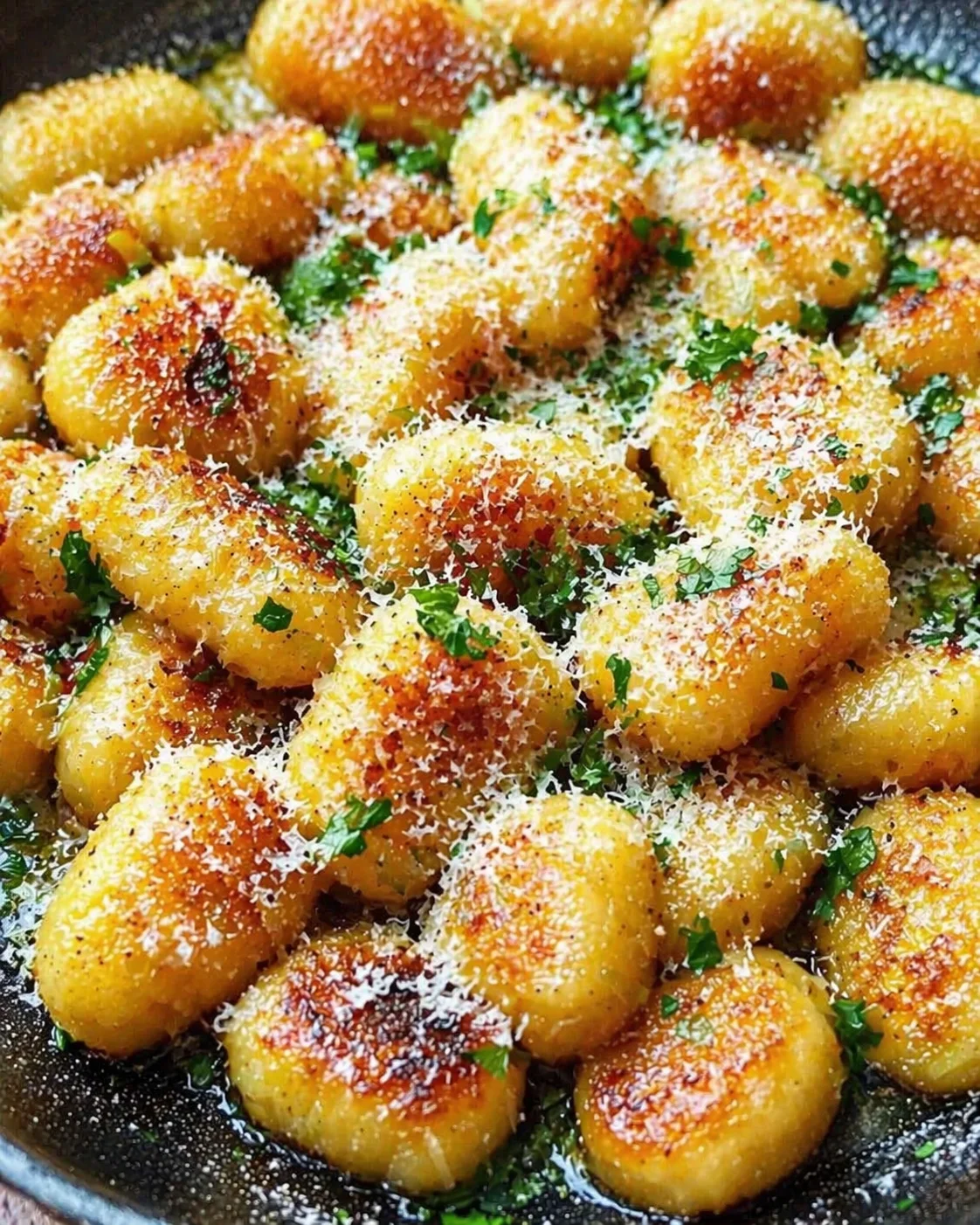 Golden-brown, pan-fried gnocchi arranged in a skillet, dusted with parmesan and parsley.