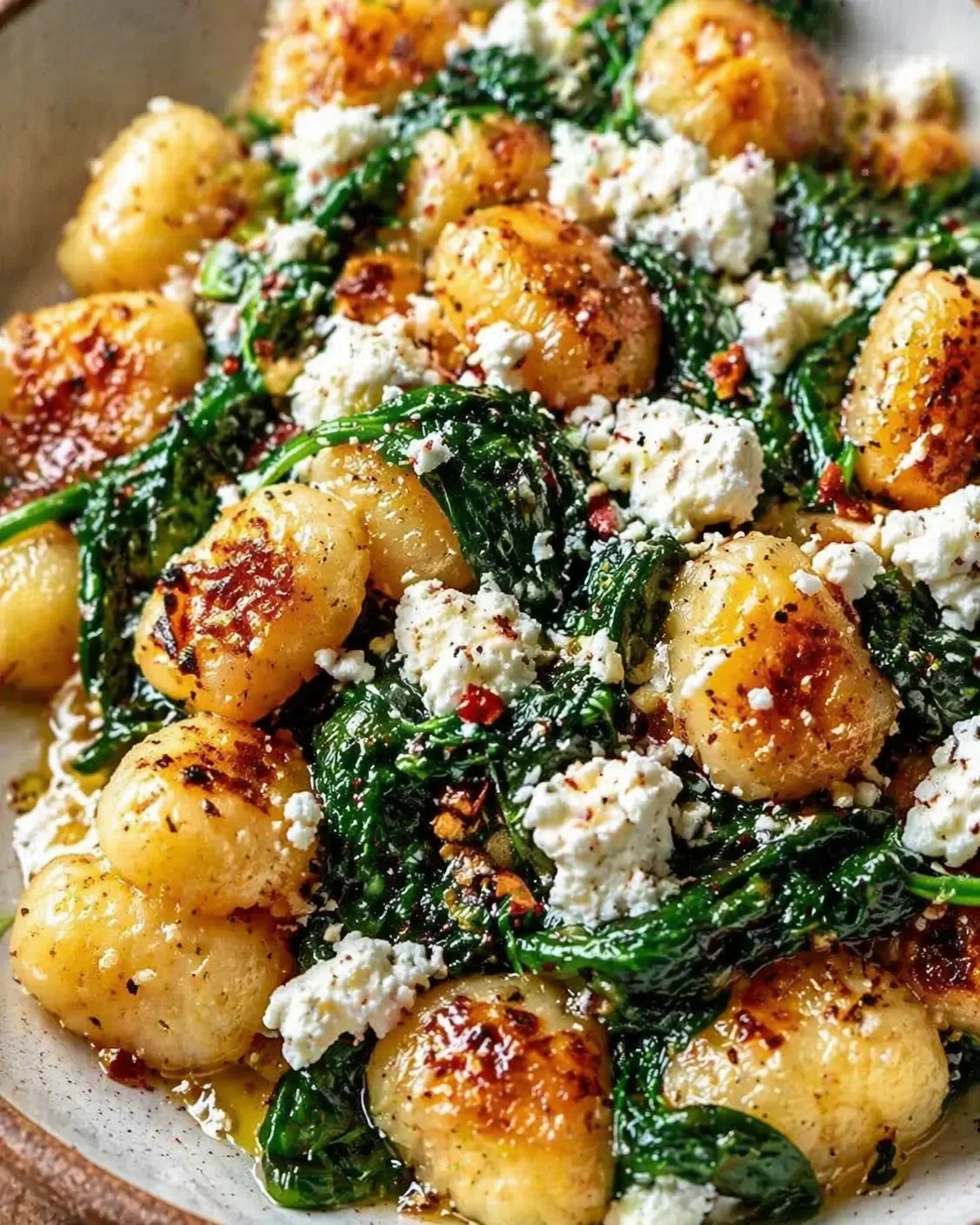 Golden roasted baby potatoes with wilted spinach and crumbled feta cheese.