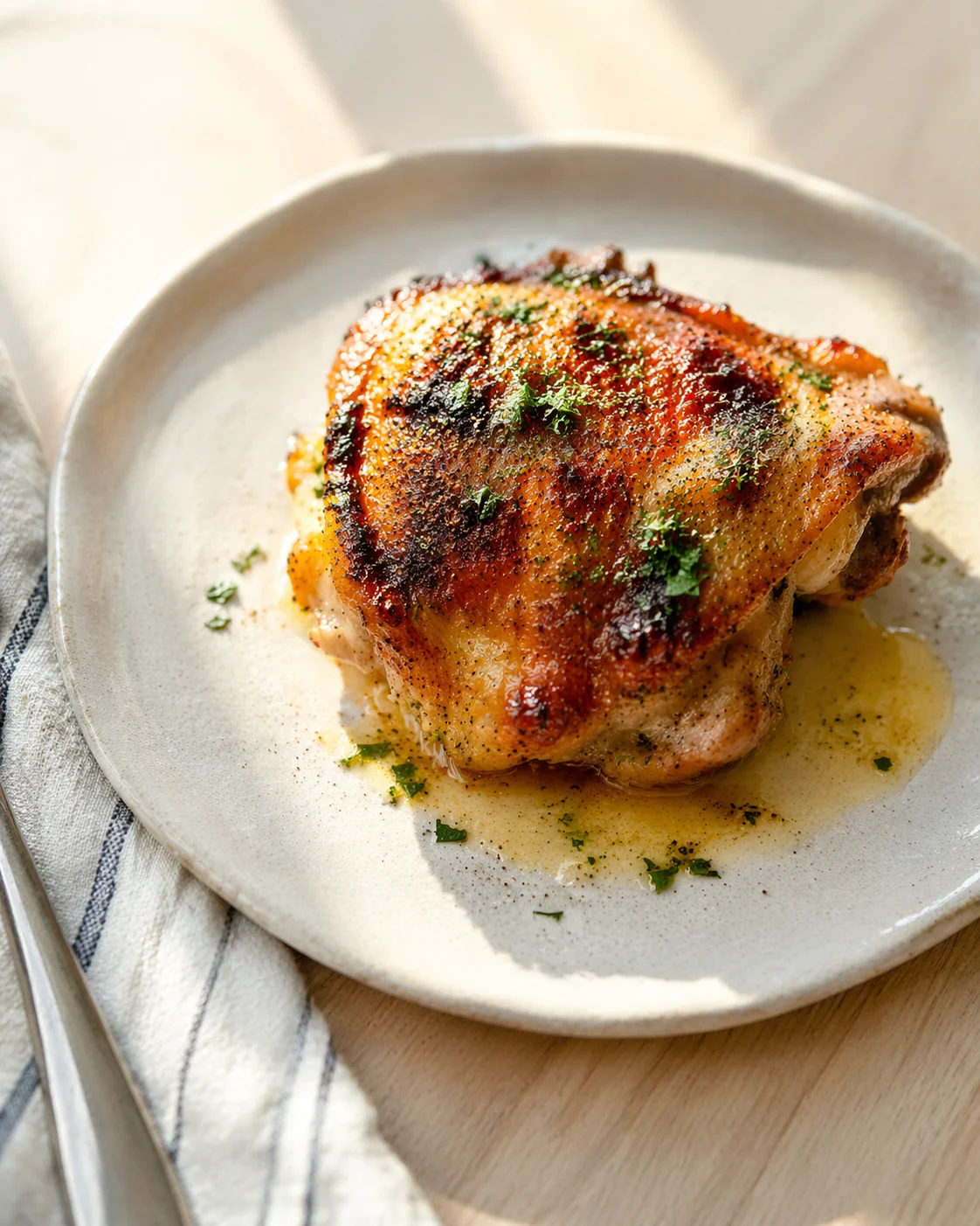 golden-brown roasted chicken leg on a plate with pan juices and chopped parsley