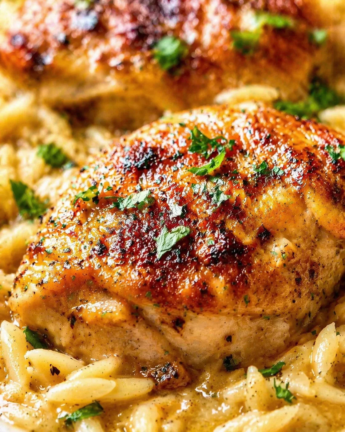 close-up of crispy roasted chicken leg resting on creamy pasta with parsley garnish