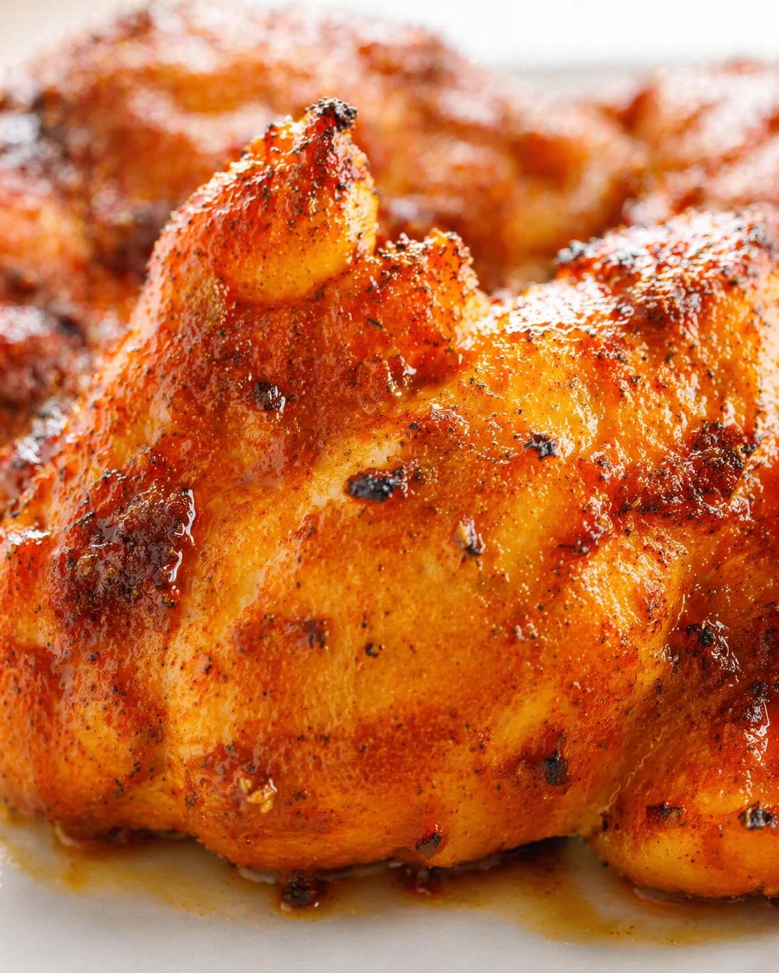 close-up of golden, crispy roasted chicken with a glossy glaze and charred spots