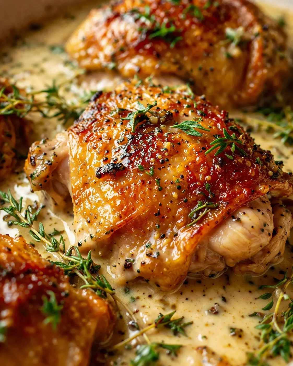 Golden-brown roasted chicken thighs with crispy skin in creamy herb sauce, garnished with thyme.