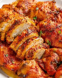 Close-up of sliced, crispy roasted chicken thighs with glossy glaze and herbs.