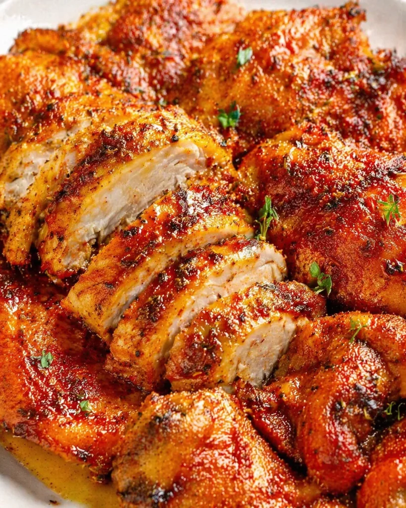 Close-up of sliced, crispy roasted chicken thighs with glossy glaze and herbs.