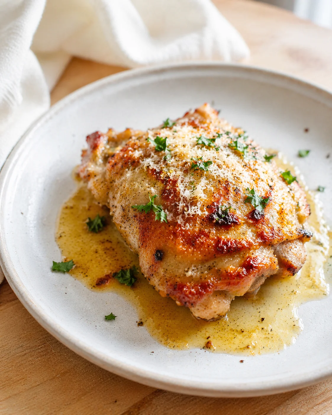 crispy roasted chicken thigh on a light plate with parsley and buttery sauce