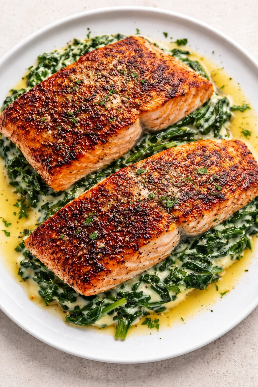 Two crispy-skin salmon fillets atop creamed spinach on a white plate.