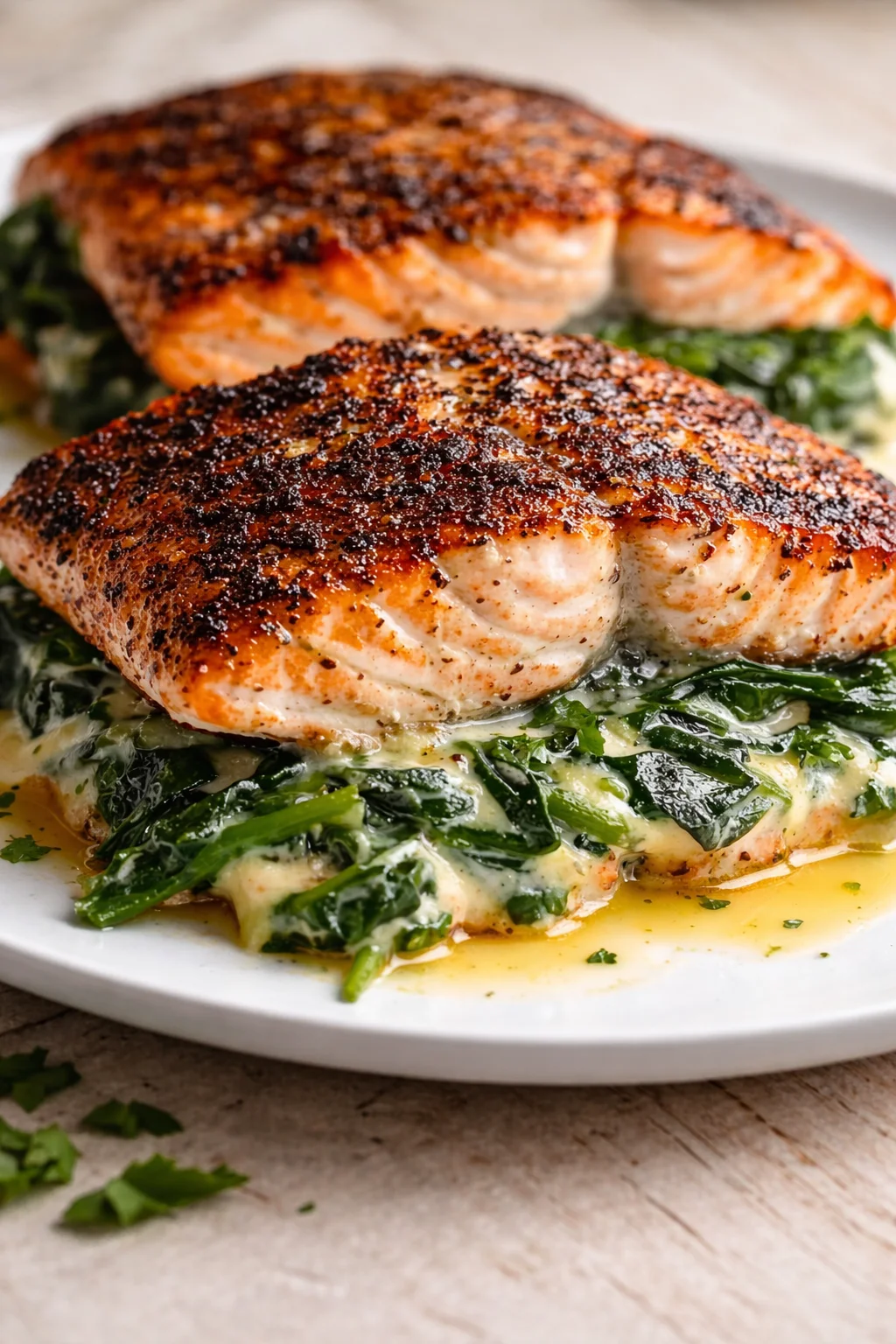 Close-up of two pan-seared salmon fillets with pepper crust on wilted spinach in a creamy sauce.