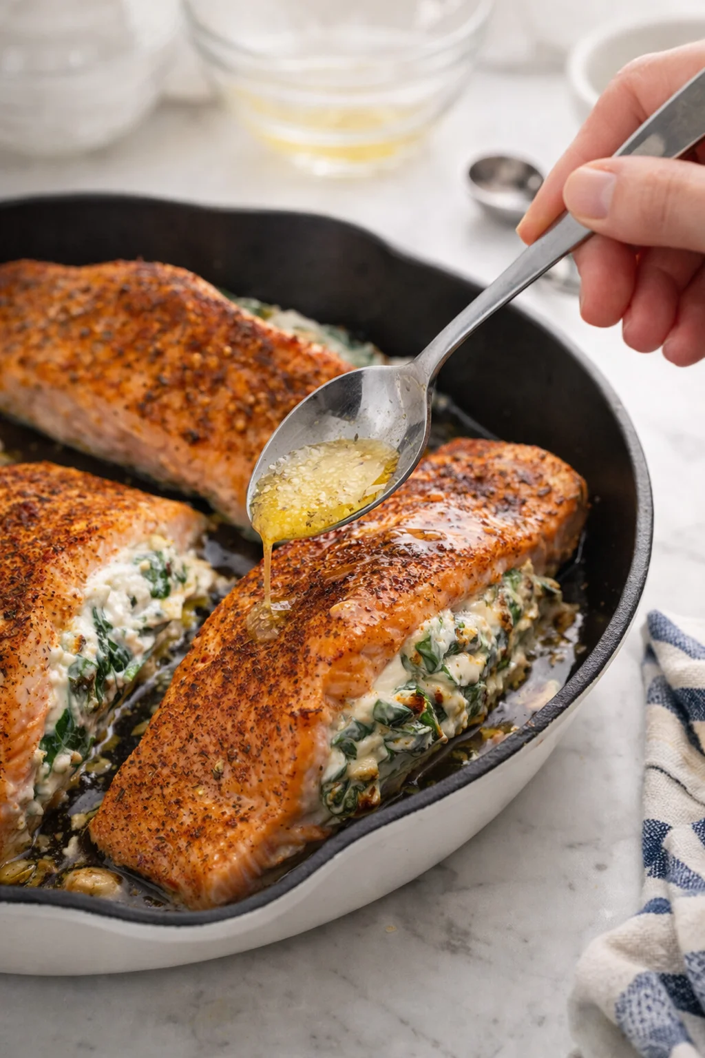 close-up of crispy salmon fillets in a skillet, stuffed with creamy spinach filling, butter drizzle