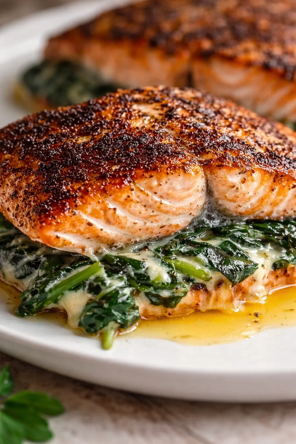 Close-up of crispy seared salmon atop wilted spinach in a creamy sauce on a white plate