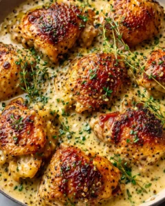 Golden crispy-skinned chicken thighs in a creamy herb sauce, garnished with thyme.