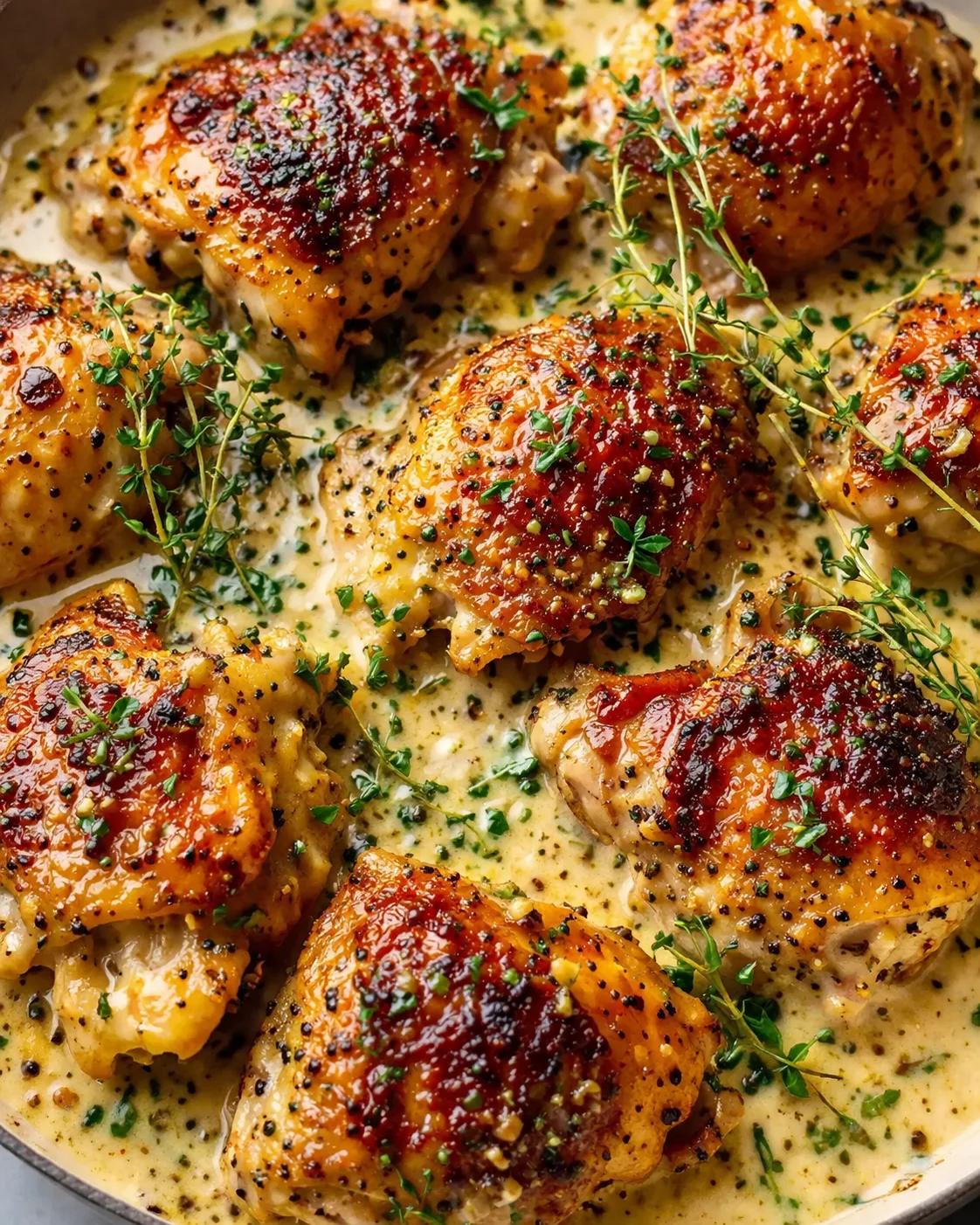 Golden crispy-skinned chicken thighs in a creamy herb sauce, garnished with thyme.