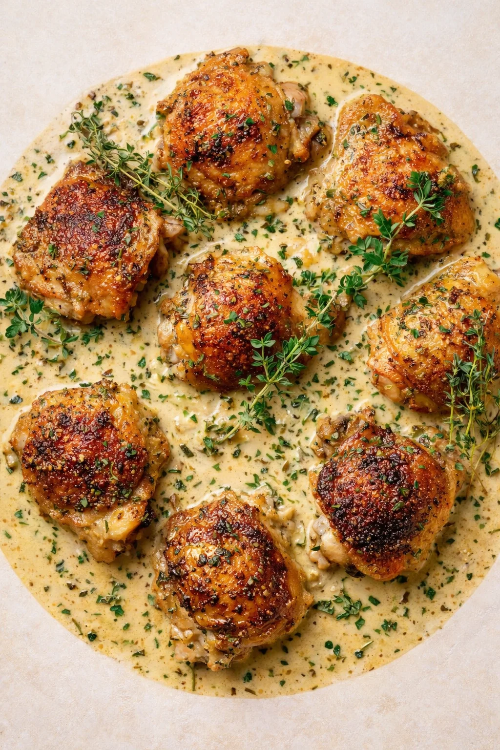 Crispy-skin chicken thighs in creamy herb sauce, garnished with thyme.