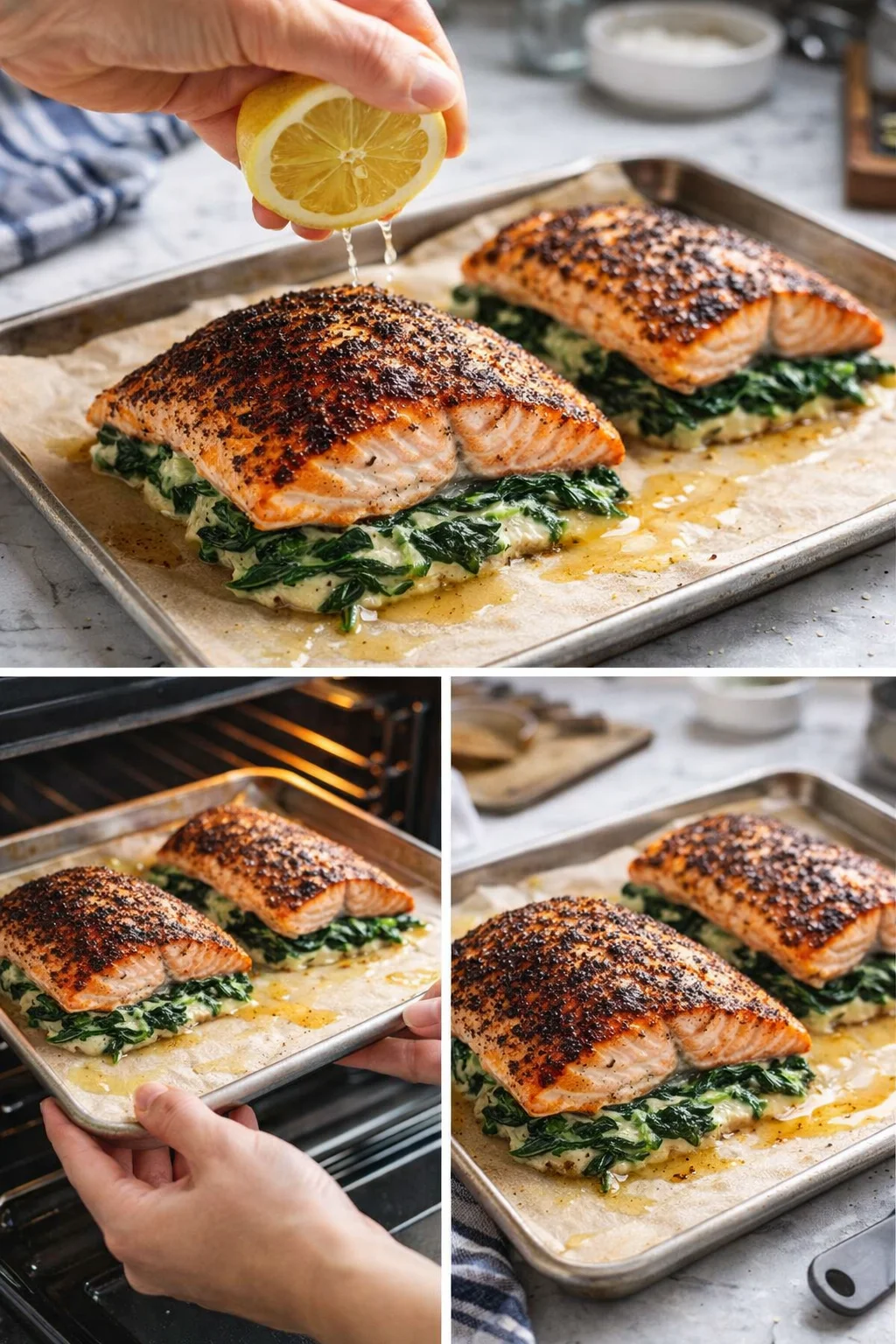 Two crispy-skin salmon fillets on spinach and cream sauce on parchment-lined tray; lemon being squeezed above.
