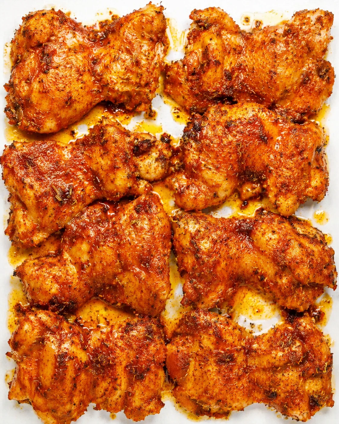 Top-down view of crispy, glazed chicken thighs on a white baking sheet.