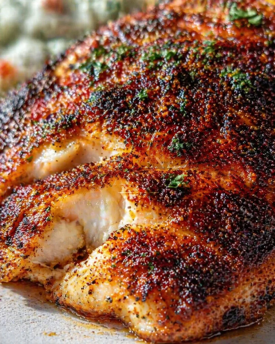 Close-up of crispy, herb-crusted roasted chicken with glossy, caramelized skin.