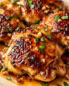 Close-up of crispy glazed roasted chicken pieces with parsley on a beige plate