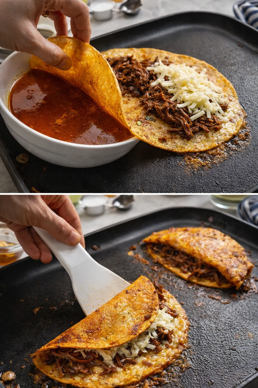 Hands dipping a crispy corn tortilla into red salsa beside a skillet with shredded beef and cheese