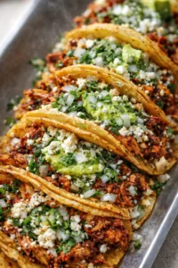 Crispy hard-shell tacos topped with onions, cilantro, avocado, and cheese on a metal serving tray.