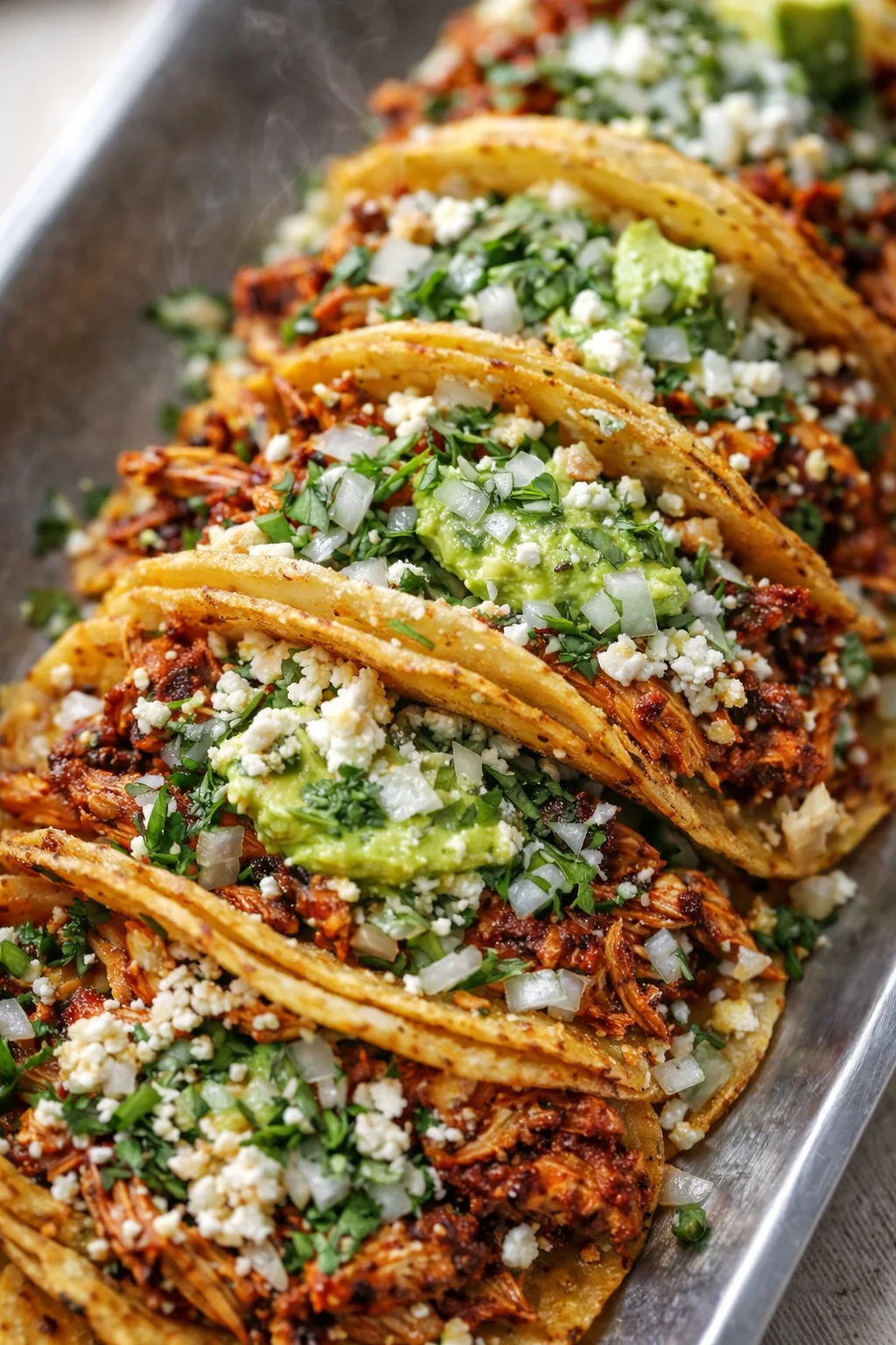 Crispy hard-shell tacos topped with onions, cilantro, avocado, and cheese on a metal serving tray.