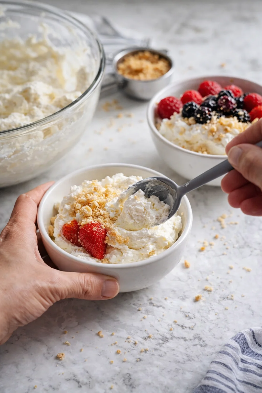 Creamy whipped dessert in a white bowl, topped with strawberries and cookie crumbs, being scooped with a spoon.