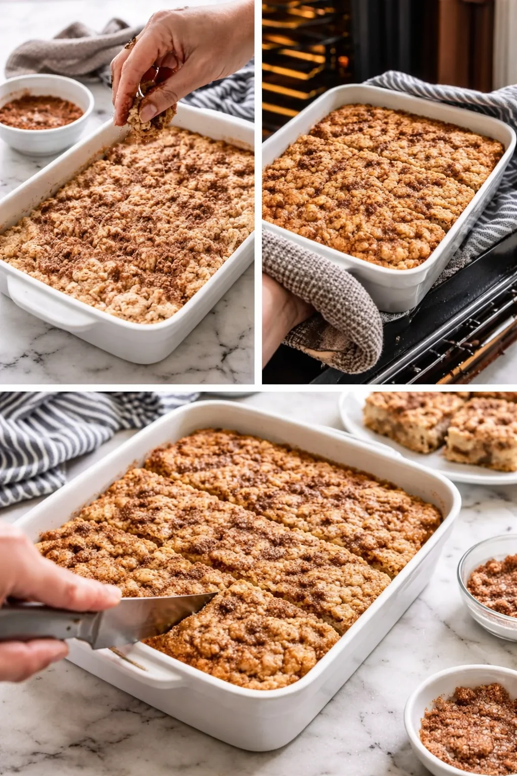 Collage of three images showing a crumble-topped dessert being assembled, baked, and sliced on a marble kitchen countertop