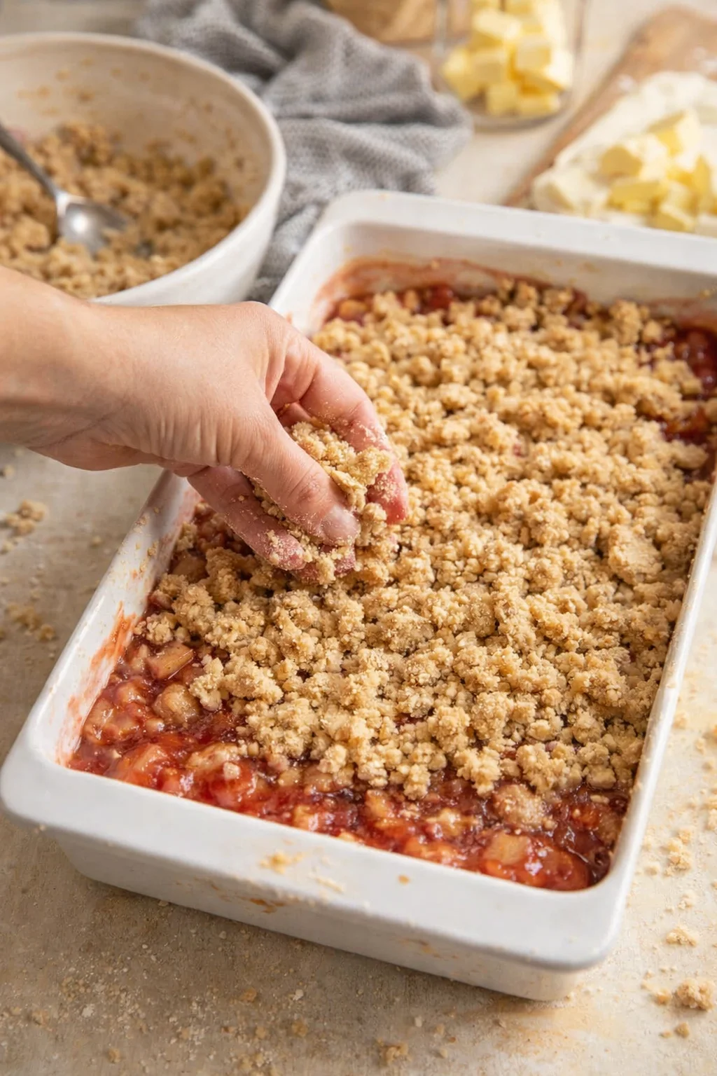 A hand sprinkles crumb topping over a fruit crumble in a white baking dish on a kitchen counter.