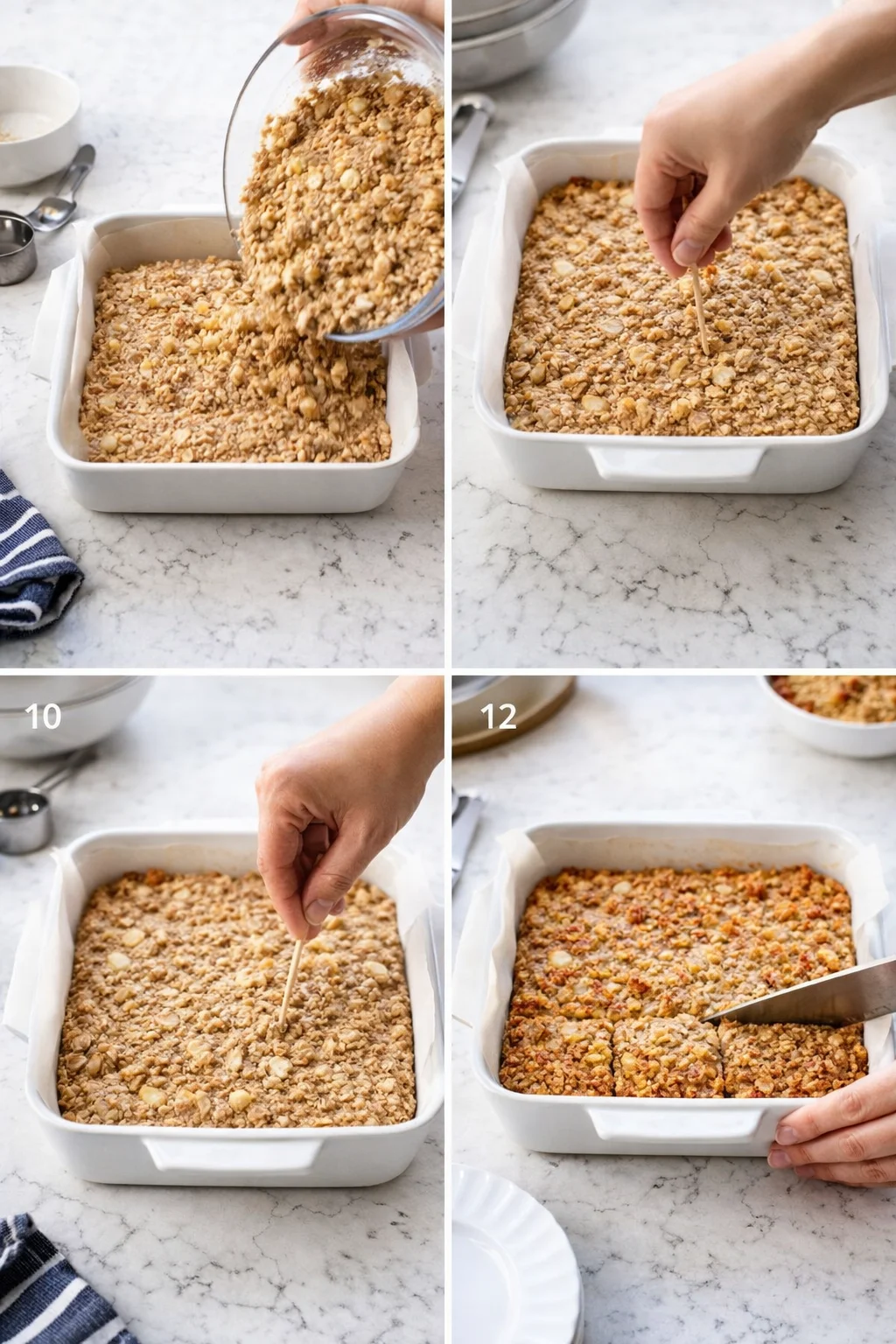 four-panel collage showing oat crumble topping being poured, pressed, and cut in a pan