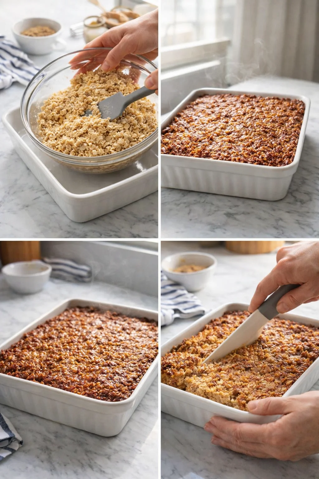 collage showing nut-crumble topping being mixed, a baked oat bar, and bars being sliced