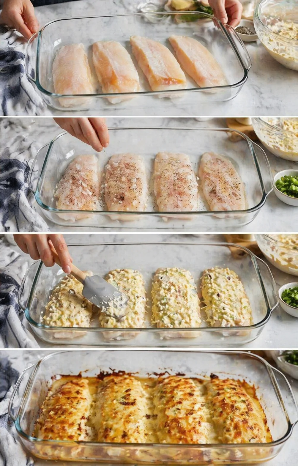 Series of glass-baking-dish steps showing seasoned fish fillets being crusted with crumb topping and baked.