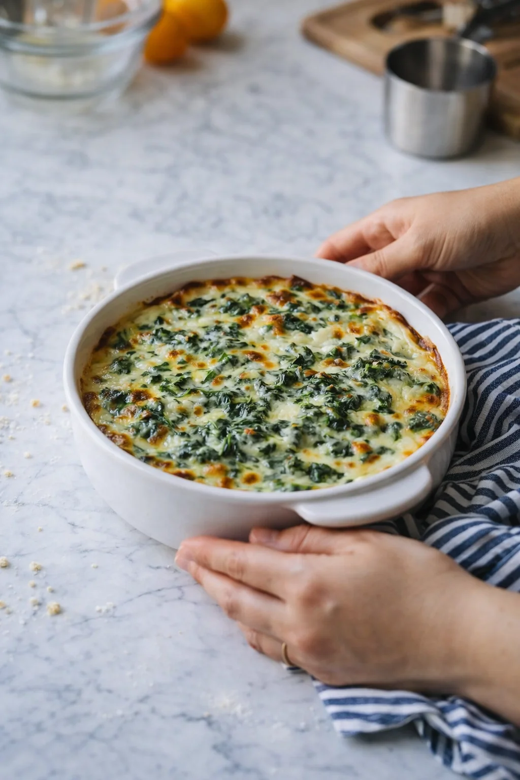 Creamy crustless spinach quiche in a white ramekin held by hands on a marble counter.