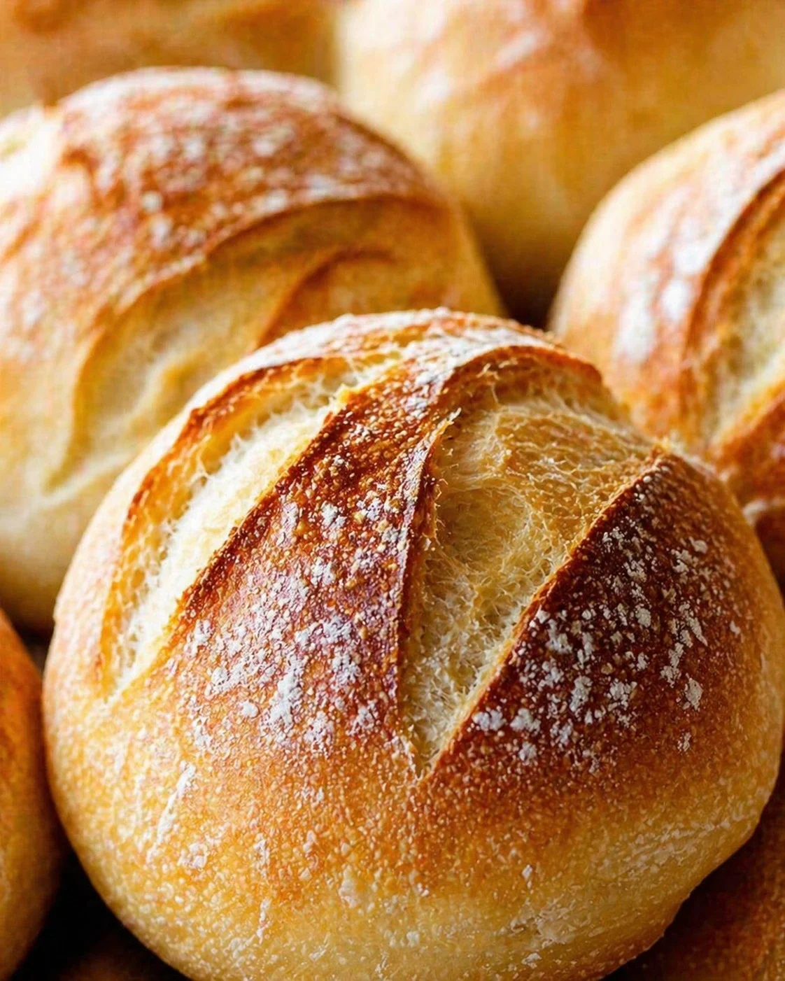 Close-up of crusty round artisan bread loaves dusted with flour and a golden crust
