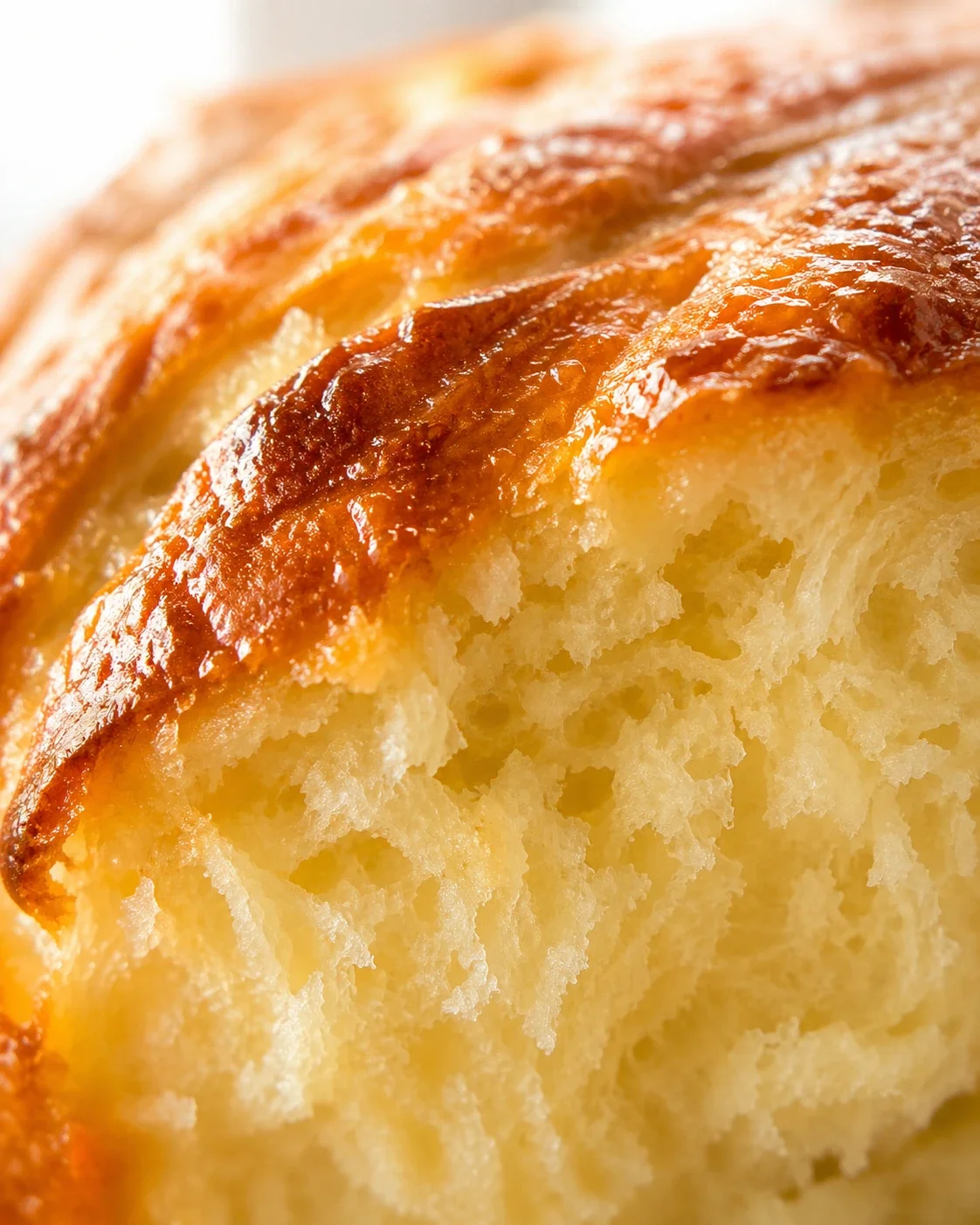 Close-up of a golden crusted bread loaf with airy crumb.