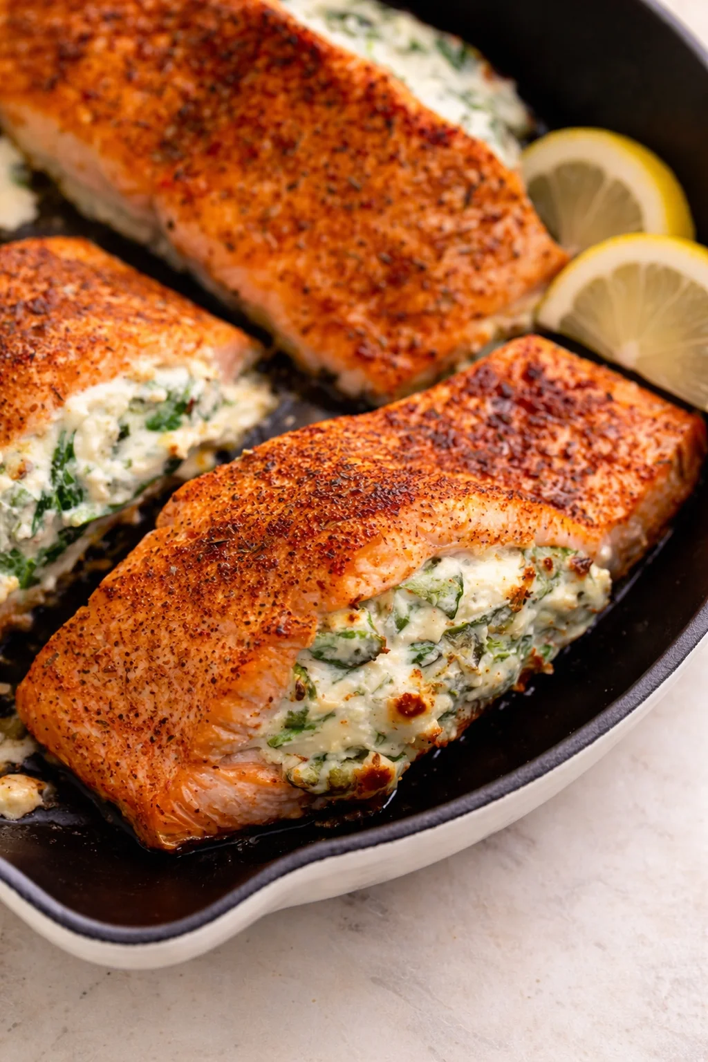 Crisp, paprika-coated salmon fillets with a creamy herb stuffing in a skillet, lemon wedges nearby