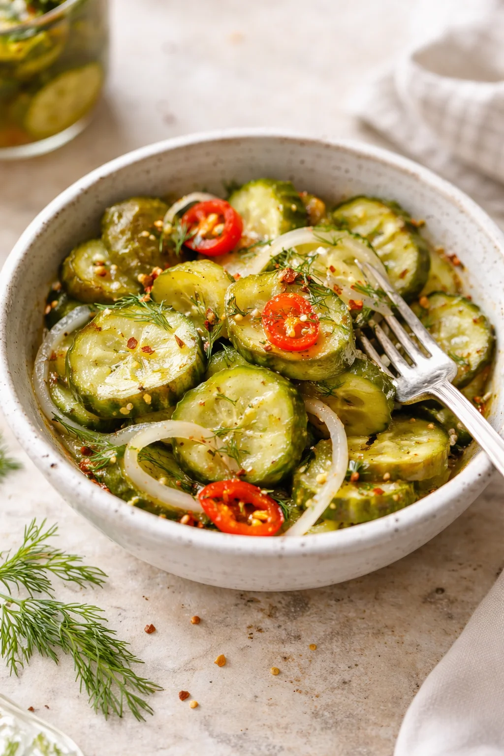bowl of cucumber-dill salad with onions and red chili slices on a rustic table