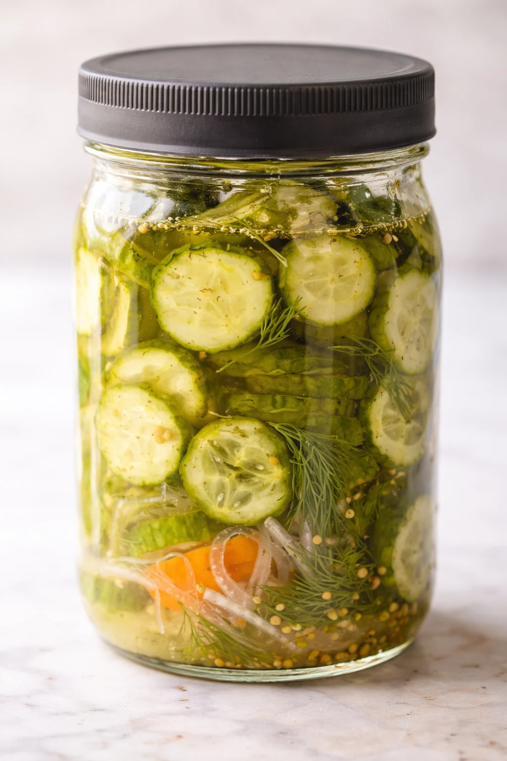 A glass jar filled with sliced cucumbers, dill, onions, carrot, and mustard seeds in brine.