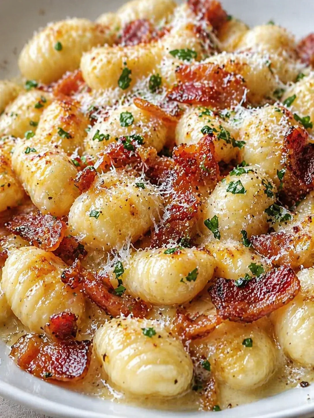 Final plated Ultimate Gnocchi Carbonara with Bacon & Parmesan – Delicious Comfort served as a hero shot