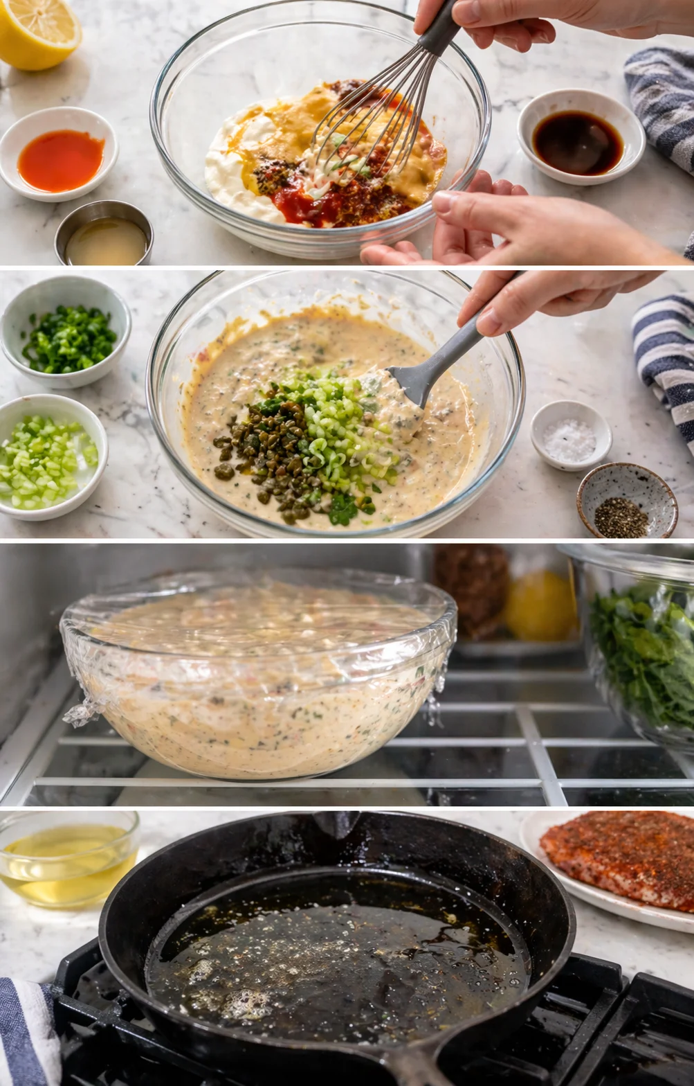 Creamy remoulade whisked with celery, green onions, and capers beside a heating skillet