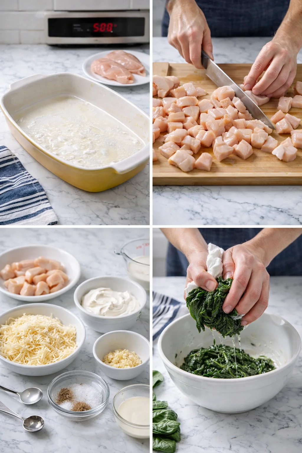 Greased 9x13 dish, bite-sized chicken cubes, bowls of grated cheeses and drained thawed spinach.