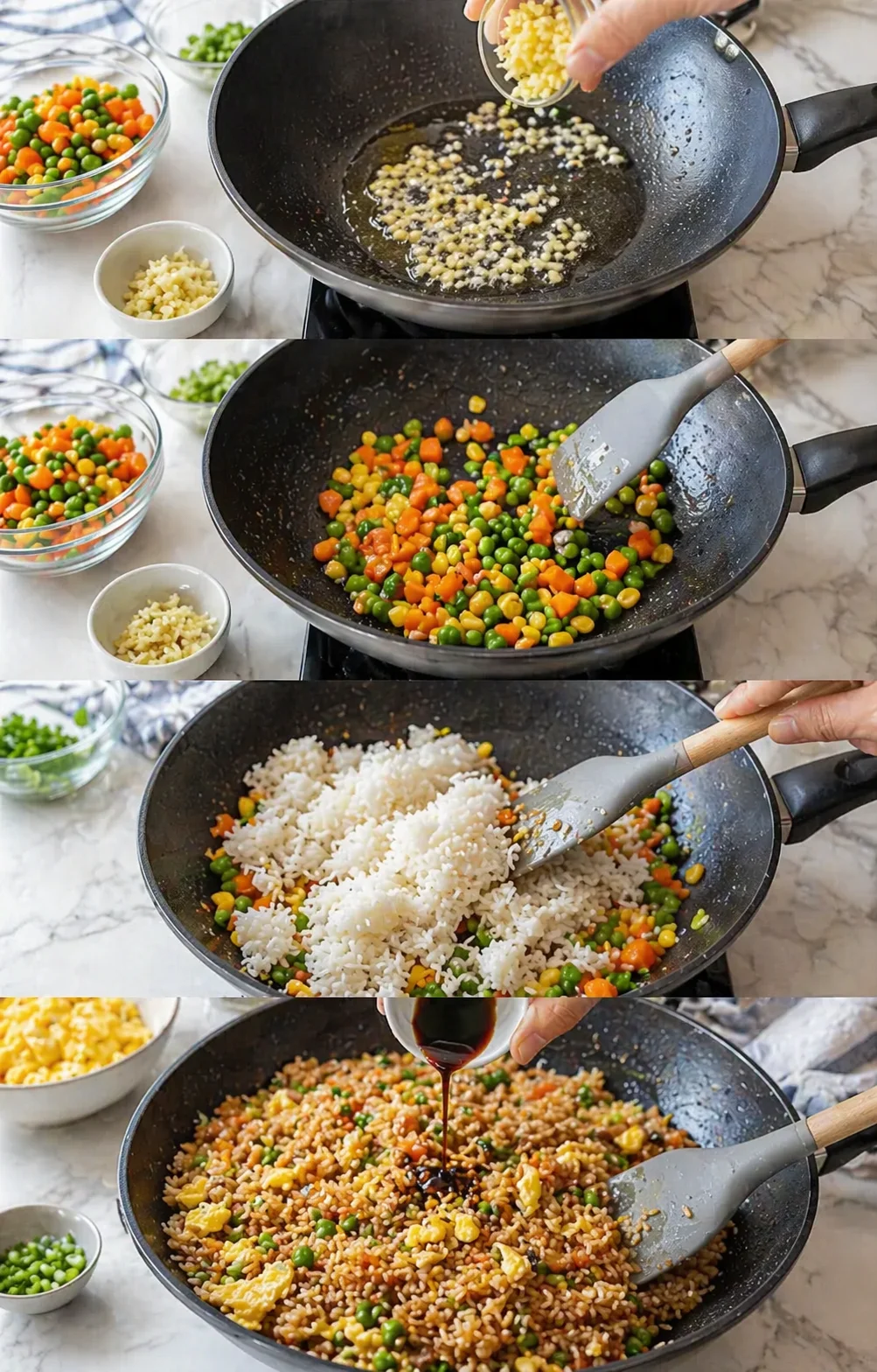 Garlic and ginger sizzling, vegetables crisping, cooled rice being broken up, eggs returned and soy drizzled.