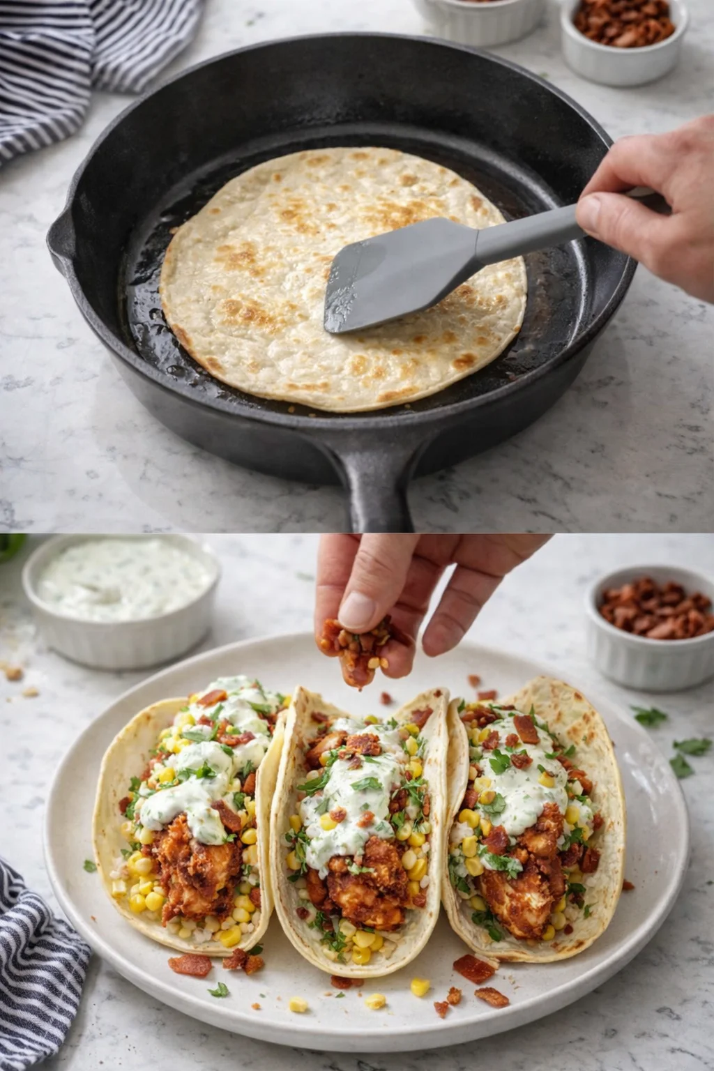 Assembled tacos with fried chicken on tortillas topped with street corn, jalapeño-lime ranch, and diced bacon