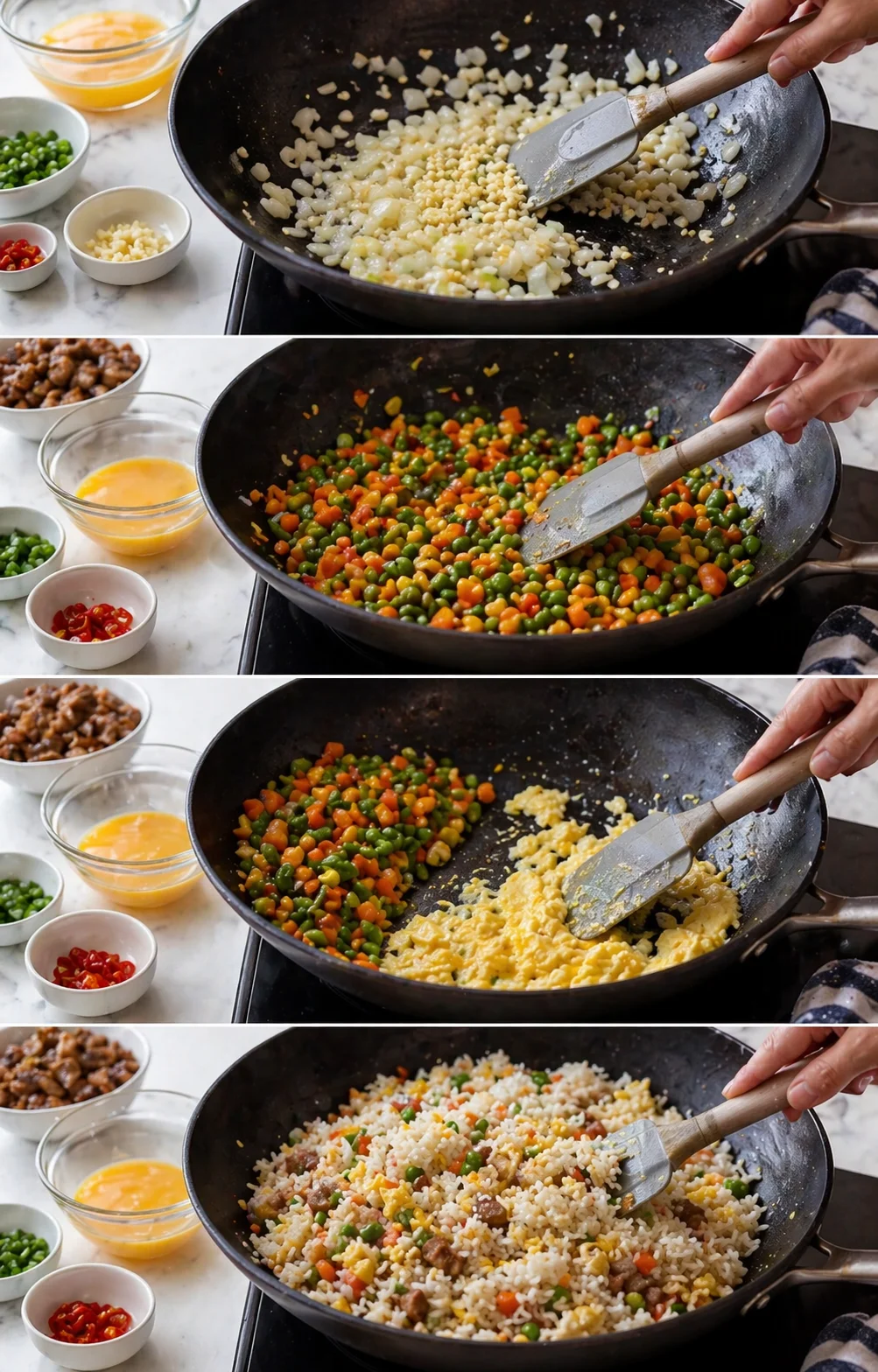 Skillet with softened onions and garlic, mixed vegetables pushed aside, eggs scrambled, rice being added and broken up.