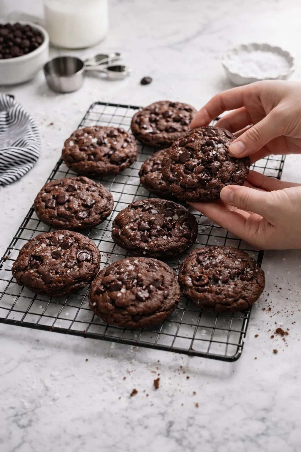 Cooling rack with chocolate-chip cookies on a marble counter; hand picks one.