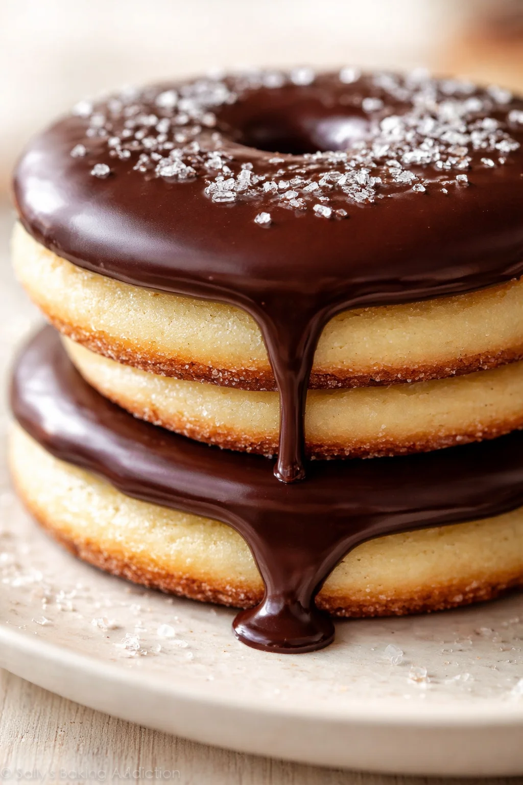 close-up of a three-layer chocolate-glazed donut stack with sea salt on a light plate