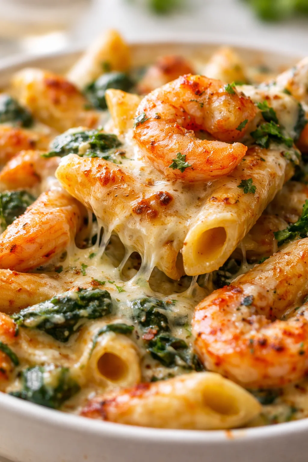 Tight detail shot of Cheese Shrimp Penne Pasta & Spinach highlighting texture