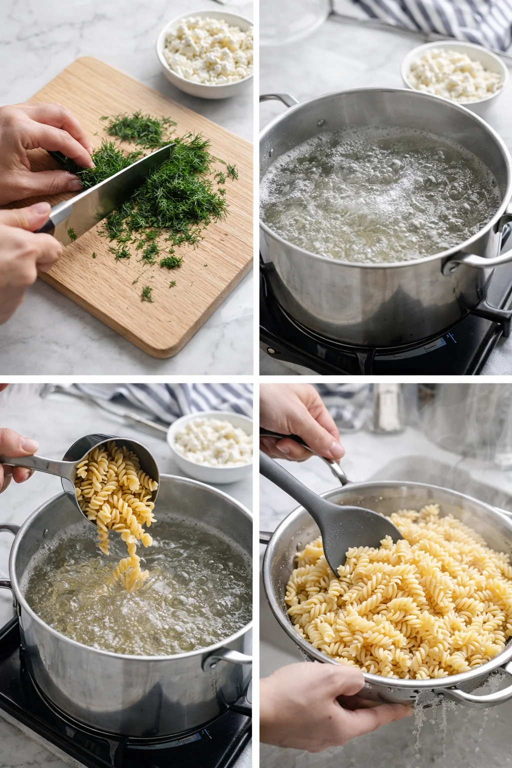 collage of four-step kitchen actions: dill chopping, boiling water, adding pasta, draining fusilli