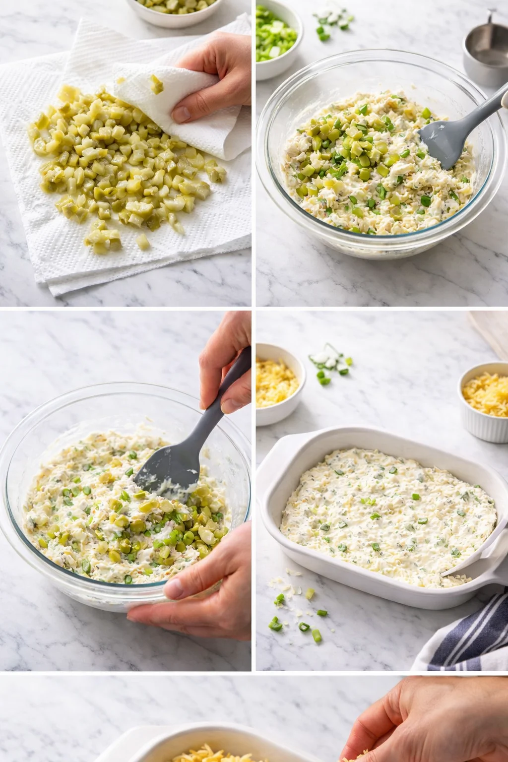 Collage showing chopped dill pickles, creamy cheese mixture, mixing with spatula, and a baked dill-pickle cheese dip.
