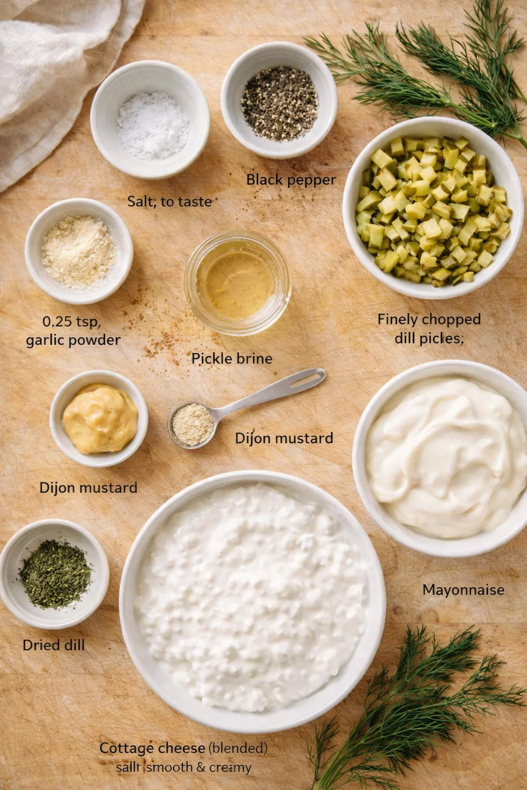 Overhead view of ingredients for dill pickle cottage cheese dip on a wooden board